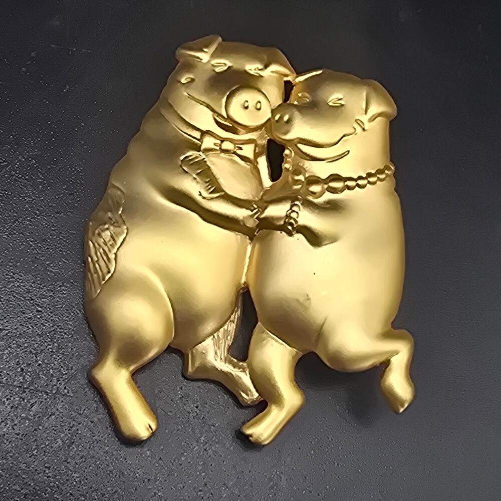 Gold Tone Dancing Pigs Brooch Couple Mrs Mr Vintage Animal Jewelry